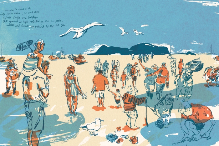 An illustration of people walking on the sand between Tresco and Bryher islands.