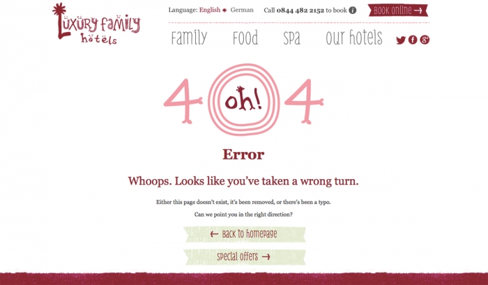The Luxury Family Hotels website 404 error page.