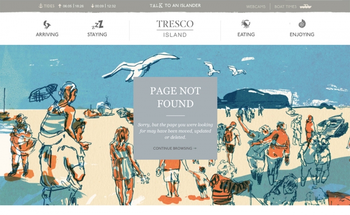 The 404 error page on the Tresco Island website, featuring an illustration of people on the beach.