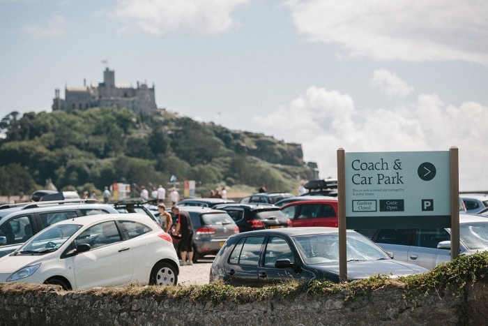 The car park at St Michael's Mount, with the mount visible in the background.