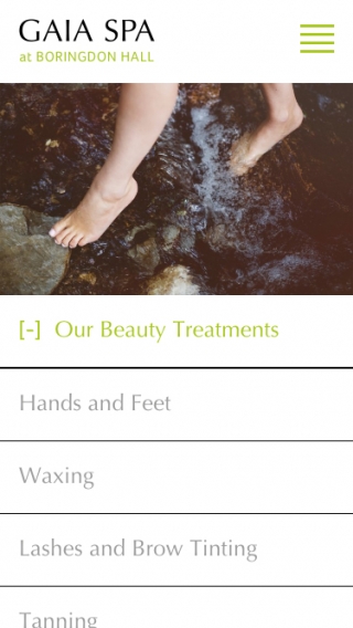 The Gaia Spa treatments website page mocked up on mobile.