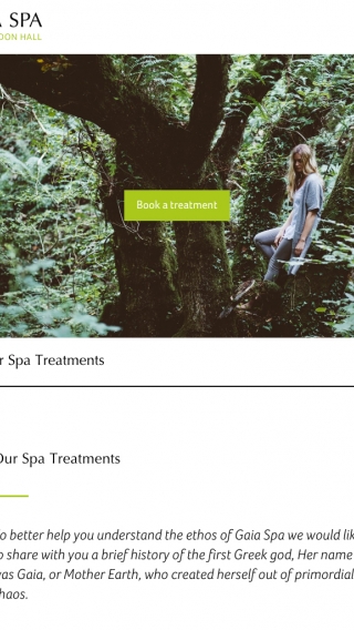 The Gaia Spa website treatment page mocked up on tablet.