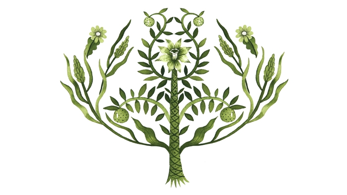An illustration of a tree with vines and flowers.