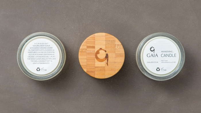 Gaia Spa products from the top down.