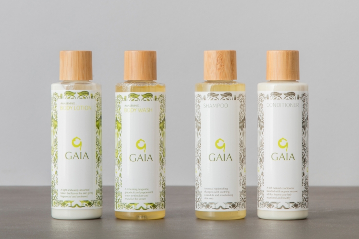 Bottles of Gaia body lotion and wash, and shampoo and conditioner.