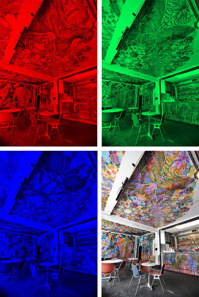 A painted room which, when seen through different coloured lenses, shows different illustrations.