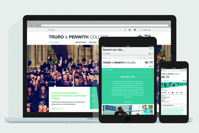 The Truro and Penwith College website mocked up on laptop, tablet and mobile.