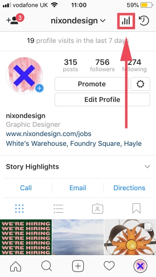 The Nixon Design Instagram page with an arrow pointing to the Insights button.