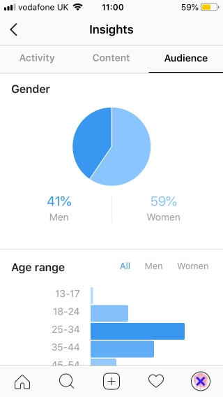 Pie chart and bar chart in Instagram Insights.