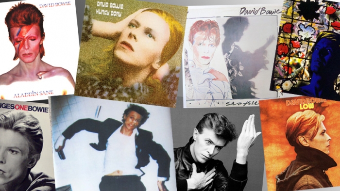 A grid showing different images of David Bowie.