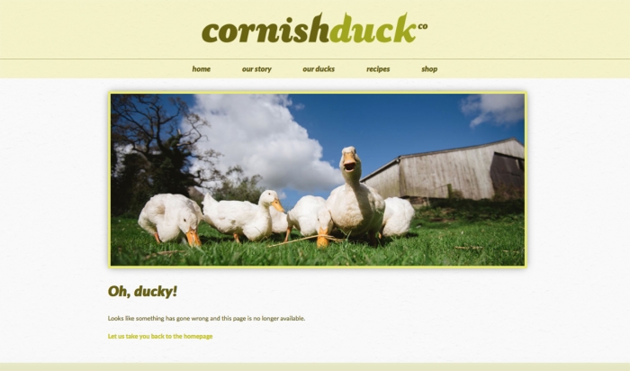 The 404 error page from the Cornish Duck website, with a picture of some ducks.