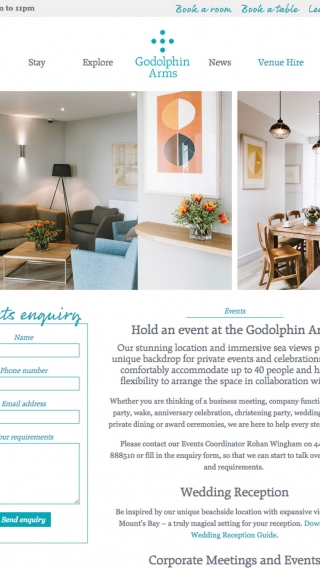 The 'hold an event' page on the Godolphin Arms website mocked up on tablet.