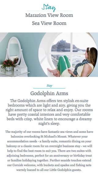 The stay page on the Godolphin Arms website mocked up on a smartphone.