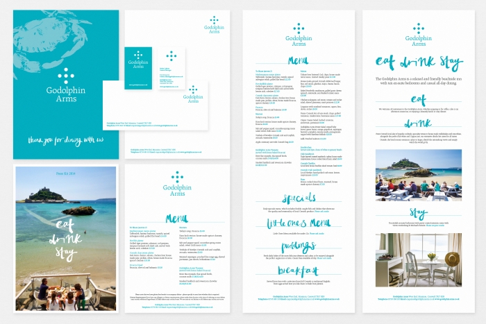 A range of Godolphin Arms printed materials, such as restaurant menus, business cards and letterheads.