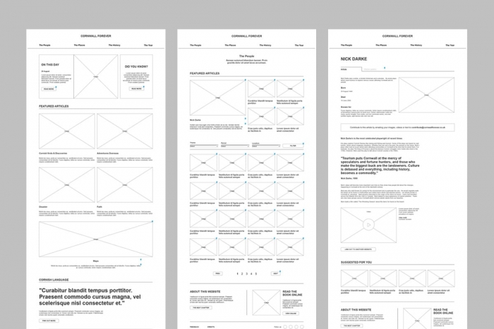 The wireframe designs for the Cornwall For Ever! website.