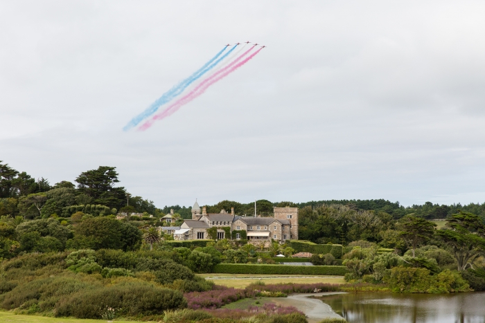 The Red Arrows flying over Tresco Island.