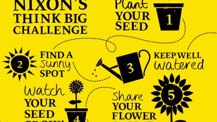 An illustration of 'Nixon's Think Big Challenge', showing a sunflower growing from a seed into a full flower.