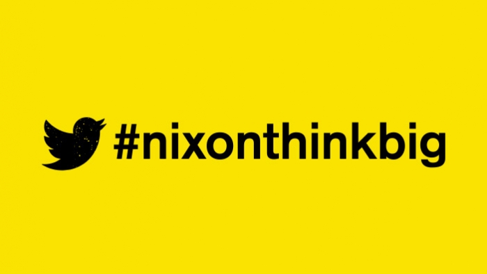 A Twitter icon and the hashtag #nixonthinkbig (Nixon think big).