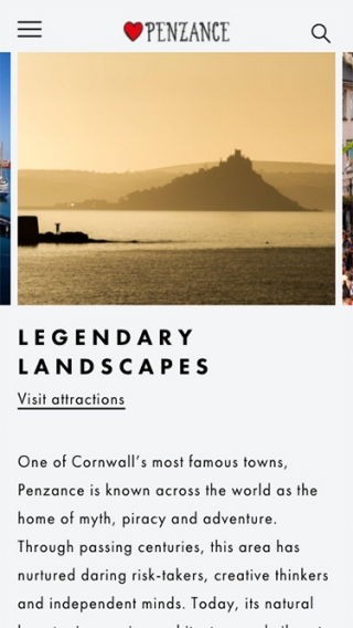 An attractions page mocked up on the Penzance website for mobile.