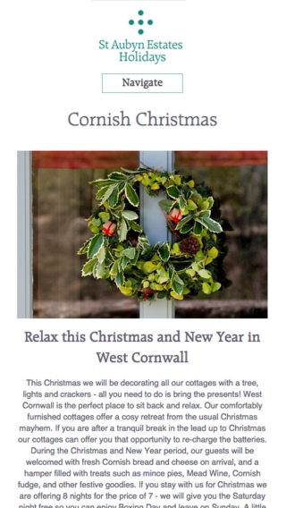 The St Aubyn Estates Holidays website Christmas page mocked up on mobile.